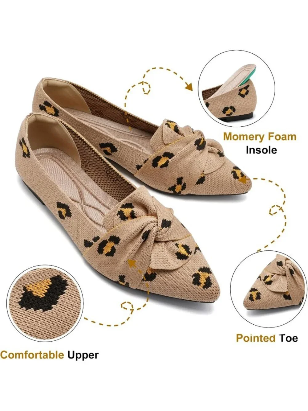Women's Leopard Pointed Toe Ballet Flats with Bow Comfortable Knit Dressy Shoes